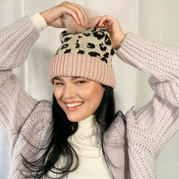 Multi Pom-Pom Summer Rose Print in Beanie and Leopard –