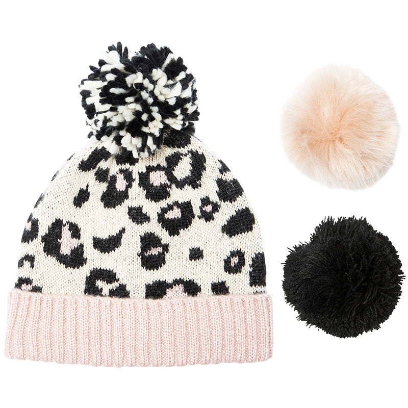 Multi Pom-Pom Beanie in Leopard Summer Rose and Print –